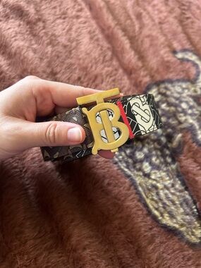 Burberry Brown Canvas Belt with Gold TB Buckle and Red Stripe